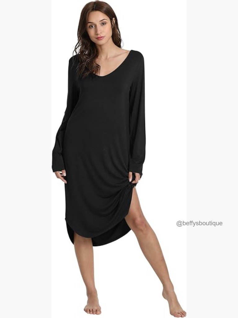Long Sleeve V Neck Nightgown, Soft Bamboo Sleepshirt, Below Knee Pajama